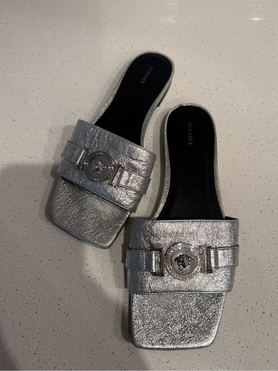 Versace Shoes - Versace Metallic Silver Medusa Logo Slide Mules
